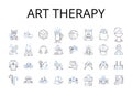 Art therapy line icons collection. Music therapy, Play therapy, Drama therapy, Movement therapy, Narrative therapy Royalty Free Stock Photo