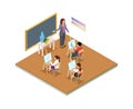 Art therapy session. Kids drawing class, children paint and teacher at desk. Isometric school time vector concept