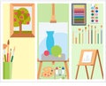 Art tools flat painting cards details stationery creative paint equipment vector artist instrument.