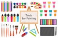 Art tools flat style icon set. Drawing tool, artist objects collection with markers, paints, pencils, brushes, tablet Royalty Free Stock Photo