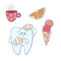 Art on the topic of children`s dentistry. Cute cartoon tooth sensitive to hot, cold and sweet.