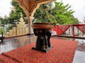 Art and Tradition of Multiple Elephant Statues holding Big Bowl with flowers in the water at entrance of Hindu Marriage and Events