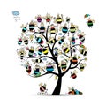 Art tree with family bees, sketch for your design Royalty Free Stock Photo