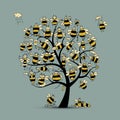 Art tree with family bees, sketch for your design Royalty Free Stock Photo