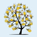 Art tree with Funny Bees family. Beehive concept for your design