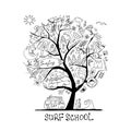 Art tree with surfing design elements. Surf school