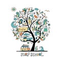 Art tree with surfing design elements. Surf school