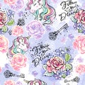Art. Unicorn drawing. Fashionable ink and watercolor pattern with unicorns rose and violets. Follow your dreams. Text. Lilac
