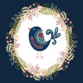 Art vector colorful illustration with beautiful abstract folk bird and floral wreath .