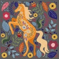 Art vector colorful illustration with beautiful abstract folk horse and flowers on a dark background.