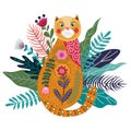 Art vector colorful isolated illustration with cute ginger cat, flower and grass