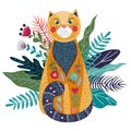 Art vector colorful isolated illustration with cute ginger cat, flower and grass on a white background Royalty Free Stock Photo