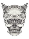 Art vintage mix surreal devil skull tattoo.