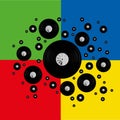 art from vinyl records in a chaotic manner in the style of pop art, musical retro wallpaper, illustration of scattered discs for Royalty Free Stock Photo