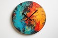 art wall clock reflecting vibrant colors on a stark white wall