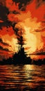 Art Warship In German Expressionism Style: Red Sunset And Nostalgic Paintings