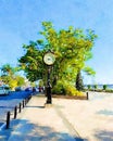 Watercolor of clock tower in nature garden Royalty Free Stock Photo