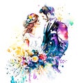 Art watercolor of a couple in a wedding ink background