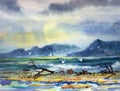 art watercolor painting sea and Beach Royalty Free Stock Photo