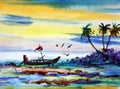 art watercolor painting sea beach Royalty Free Stock Photo