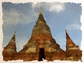 Watercolor of Wat Yai Chai Mongkol temple at Ayutthaya, Thailand