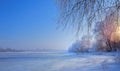 Art winter Landscape with Frozen lake and snowy trees