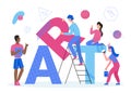 Art word vector illustration, cartoon flat tiny designer team people create and work together, artist characters paint