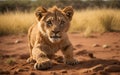 Young lion looking straight into the camera in the desert, ultra wide angle lens.Generative Ai Royalty Free Stock Photo