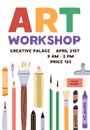 Art workshop ad poster design. Creative class, school flyer, promotion template. Vertical promo banner with drawing