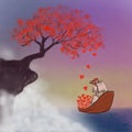 Valentine& x27;s day background with a boat transport hearts and a tree made out of hearts