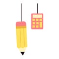 2D illustration of yellow pencil and calculator hanging side by side Royalty Free Stock Photo