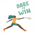 Motivation badminton quote black woman in sport badminton clothing cartoon character.