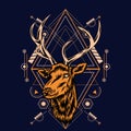 Deer head with sacred geometry pattern on black background-vector retr