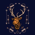 Deer head with sacred geometry pattern on black background-vector retr