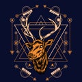 Deer head with sacred geometry pattern on black background-vector retr