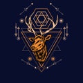 Deer head with sacred geometry pattern on black background-vector retr