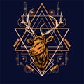 Deer head with sacred geometry pattern on black background-vector retr