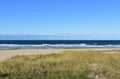 Wild beach with grass, sand dunes and blue sea with waves and foam. Clear sky, sunny day. Galicia, Spain. Royalty Free Stock Photo