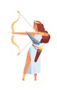 Artemis Greek goddess. Ancient god of hunt. Cartoon mythological divine character shoots from golden bow. Young woman in