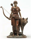 Artemis, the greek goddess of hunting equipped with bow and quiver and a wolf at her side