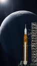 Artemis space program to research solar system. Orion spacecraft on launchpad on Moon background. Elements of this image furnished