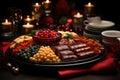 An artful arrangement of holiday gifts showcased on a decorative platter, christmas wallpaper, AI Generated