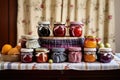 artful arrangement of homemade jams with labels and fabric covers