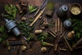 artful arrangement of tea processing tools and leaves