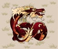 Artful brown earth Asian dragon on grass