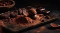 Artful chocolate arrangement, High-angle view of chocolate and cocoa powder on slate.