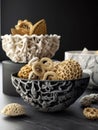 Artful 3D printed snacks printed with intricate patterns and delicate details that tantalize the taste buds.. AI