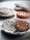 Artful 3D printed snacks printed with intricate patterns and delicate details that tantalize the taste buds.. AI