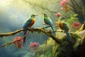 An artful depiction featuring three birds sitting on a branch, showcasing the beauty of nature, Birds chirping melodiously in a