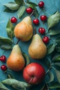 Artful display of pears, apples, cherries with leaves on blue